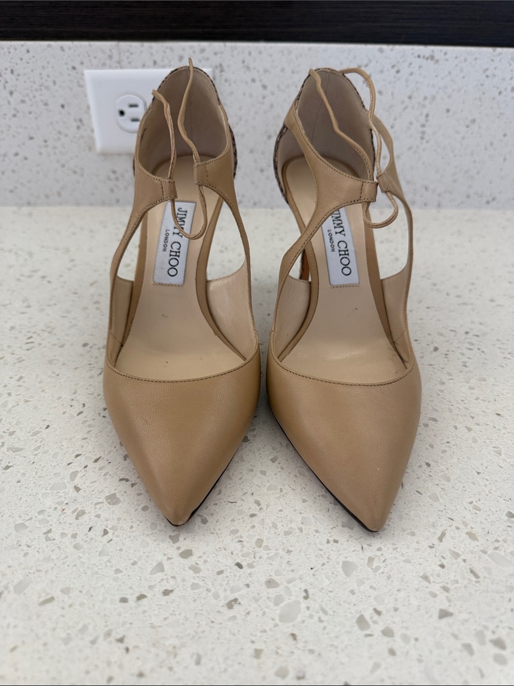 Authentic JIMMY CHOO Vanessa Nude Leather Snakeskin Front Tie Pumps Size 8